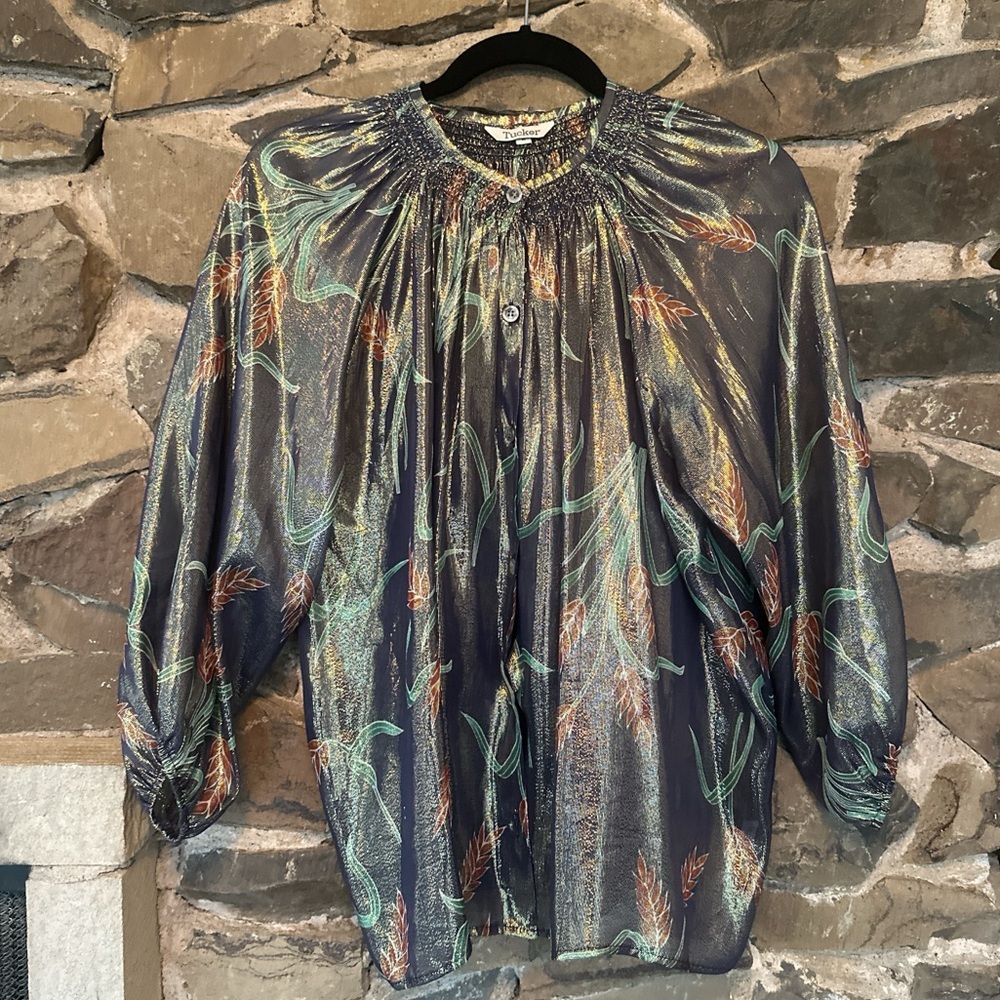 Tucker Green and blue silk blouse with a boho touch